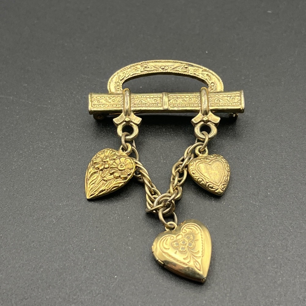 Vintage Heart Locket Gold Tone Dangler Brooch Pin